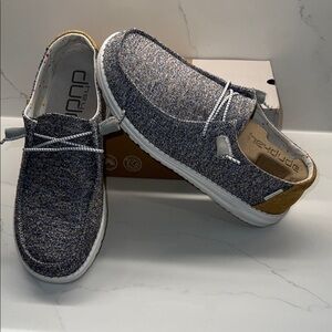 Hey Dude womens Slip-On Knit Loafers - WENDY Mustard Blue Heather w/Tan Accent